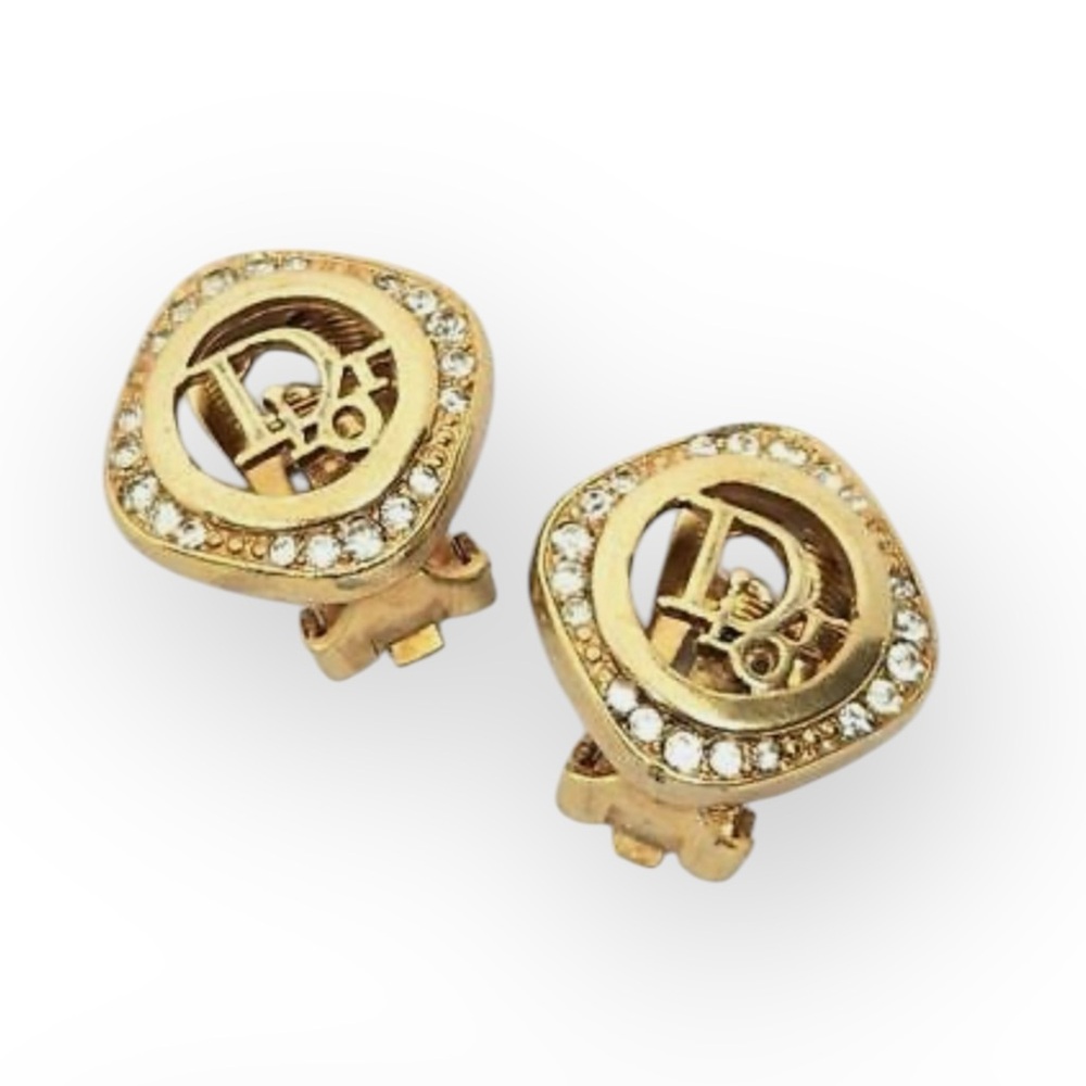 DIOR Vintage Gold-tone Crystal Rhinestone Clip-On Earrings - Picture 4 of 12